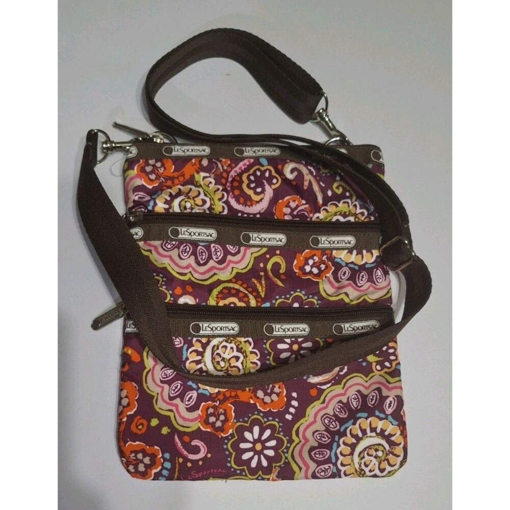 Vintage LeSportsac Purple Multicolor Paisley Crossbody Bag Zip Pockets Silver HW